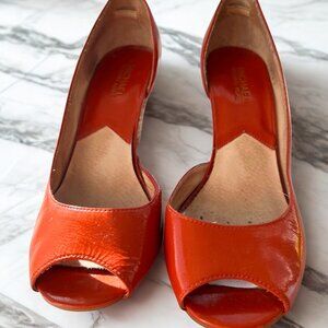 Michael Kors Orange Patent Leather Peep Toe and Woven Wedge Shoes-Size 9
